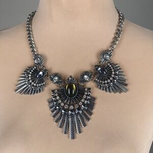 Statement Necklace Chunky Chain Tribal Boho Bib Gem Embellished Silver Tone
